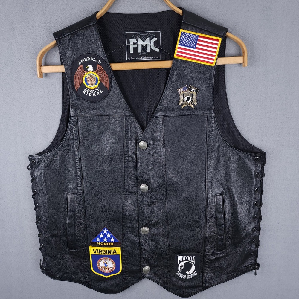 FMC Leather Motorcycle Vest American‎ Legion Mens L Black Biker Patches Y2K